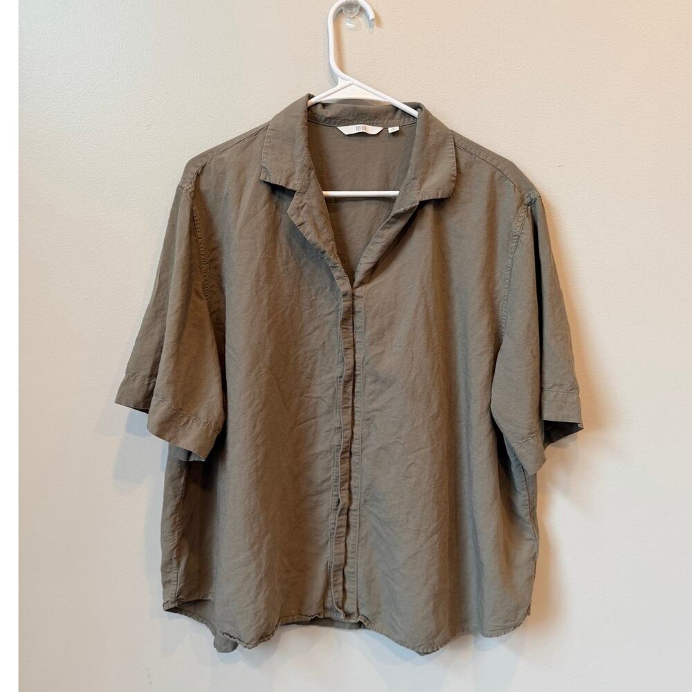 UNIQLO Linen Blend Short Sleeve Boxy Fit Shirt Olive Green Women’s Size XL